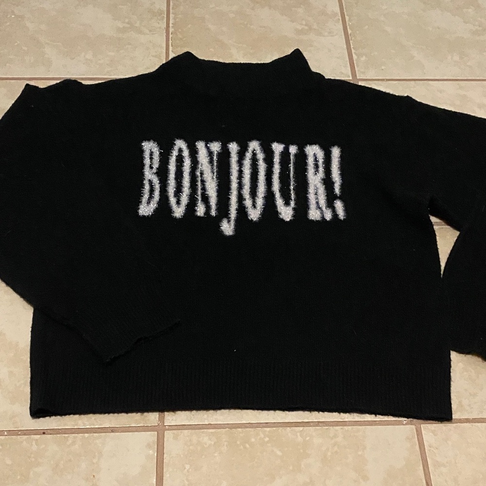 a new day Black Turtleneck Sweater with Bonjour Design